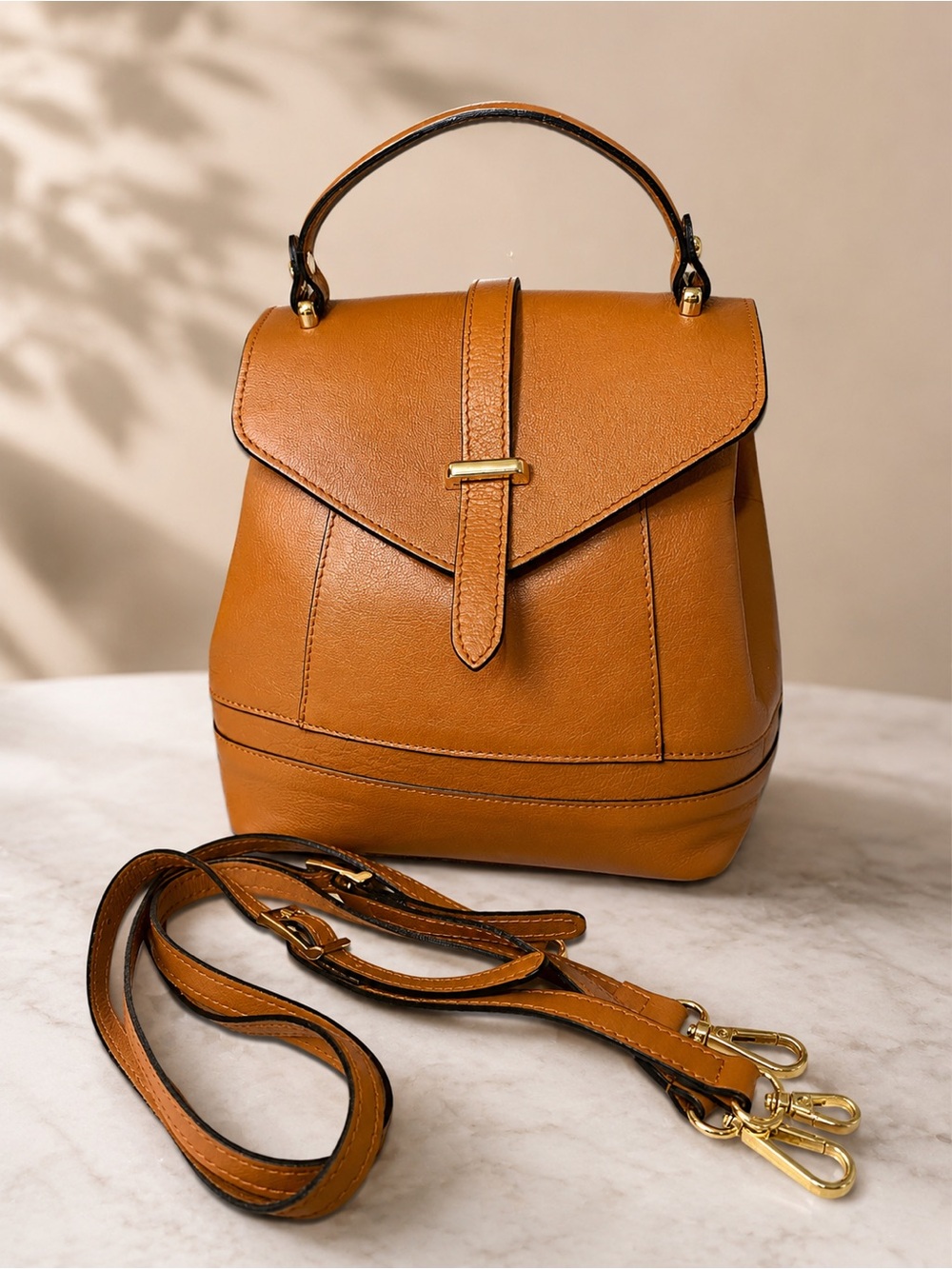 Divina Firenze Italy Cognac Tan 3 Way Convertible Leather Backpack Crossbody